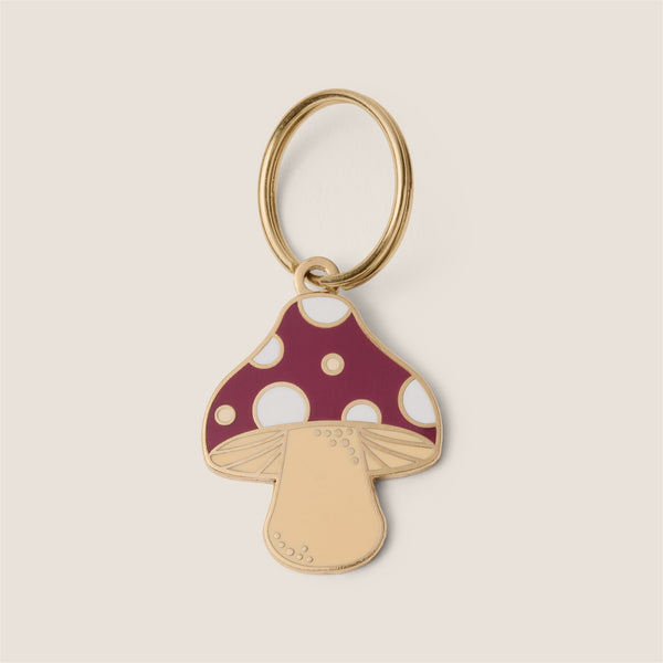 Tails & Bloom deep berry red mushroom personalised engraved metal dog ID tag - cute pet gift