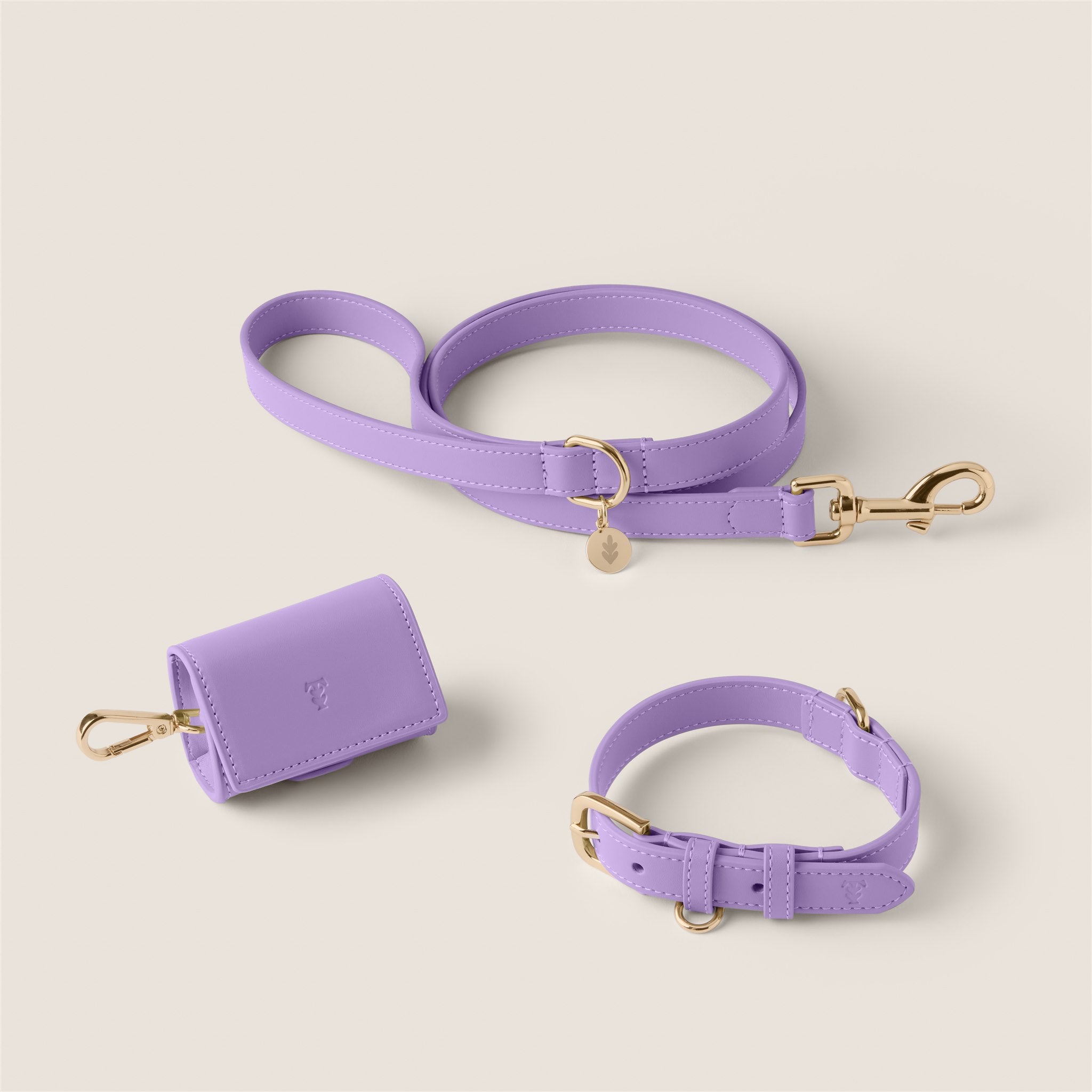 Tails & Bloom lavender purple lightweight durable vegan leather dog collar lead set - luxury