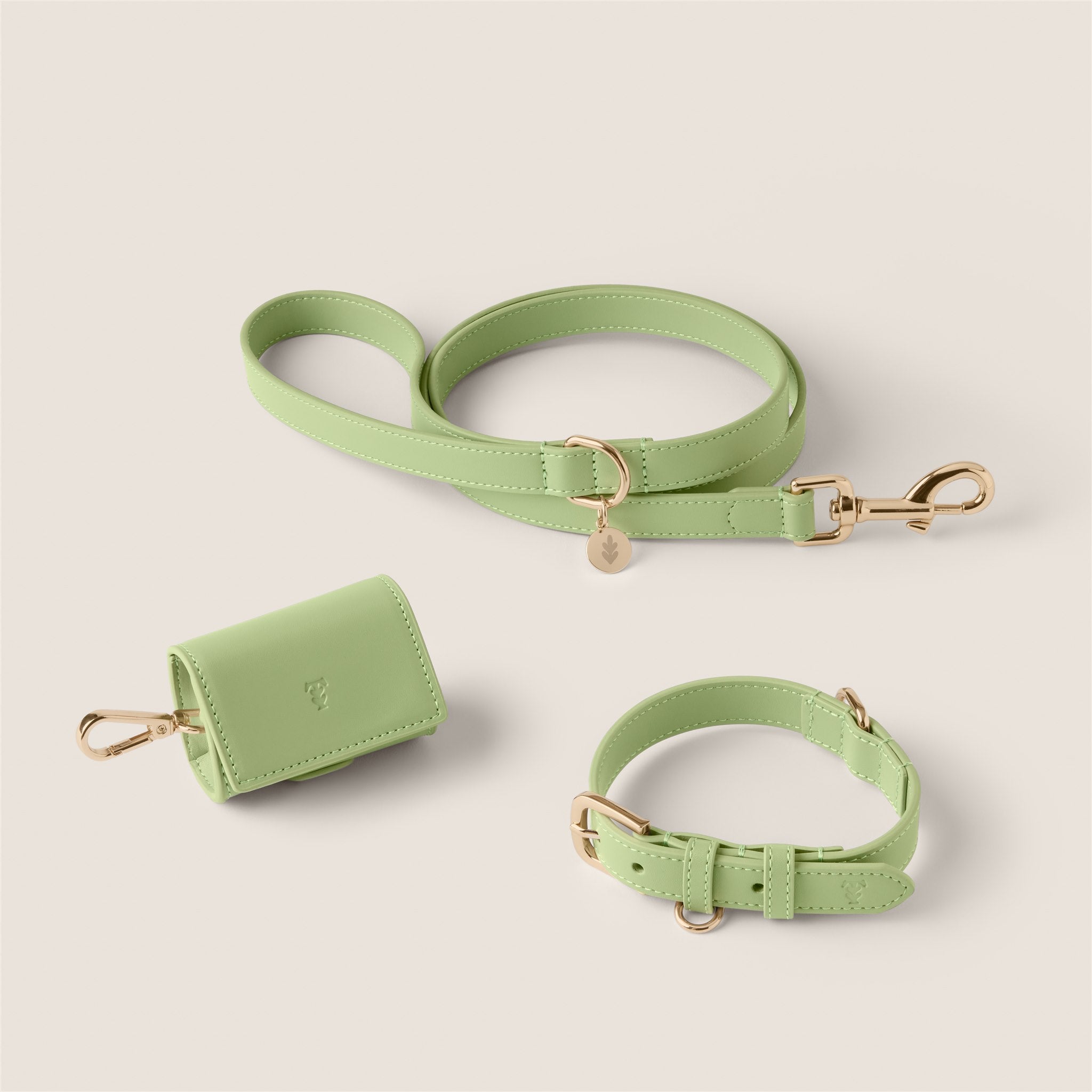 Tails & Bloom matcha pastel green lightweight durable vegan leather dog collar lead set - luxury