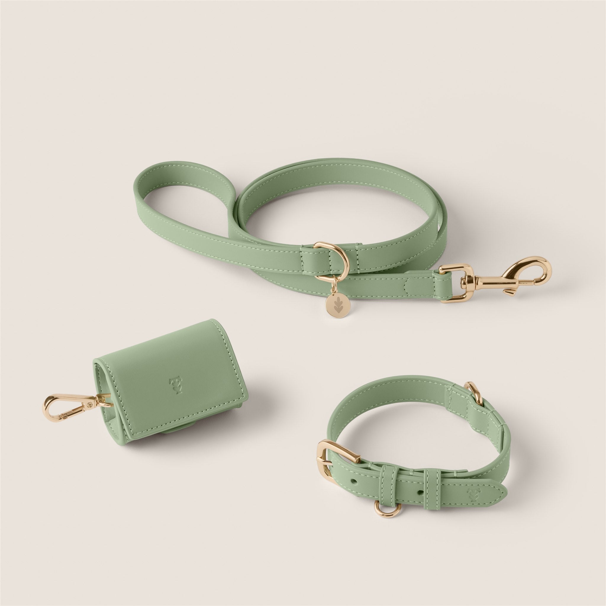 Tails & Bloom sage pastel green soft padded lightweight vegan leather dog collar lead set - luxury